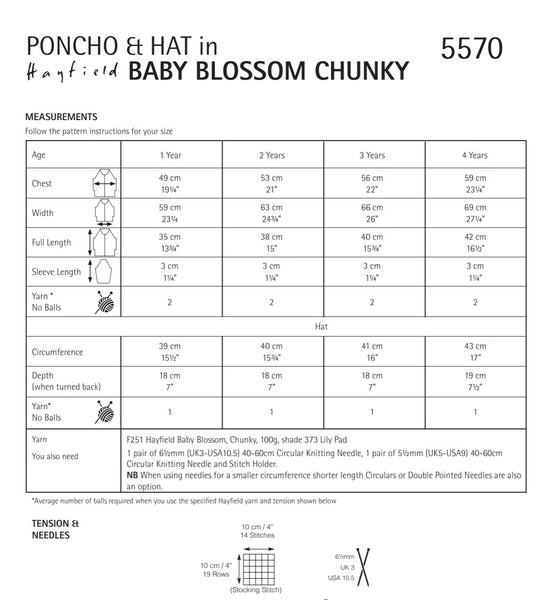 Hayfield Blossom Chunky Childs Poncho & Hat Knitting Pattern 5570