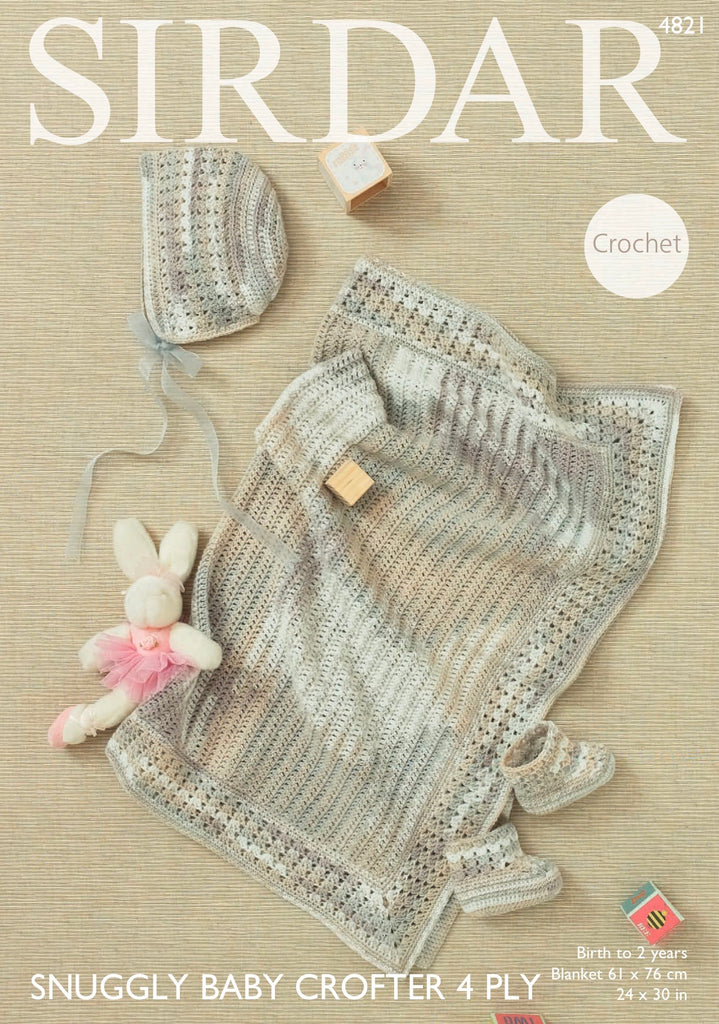 Sirdar Snuggly Baby Crofter 4ply Blanket Bonnet Boots Crochet Patte knot just wool