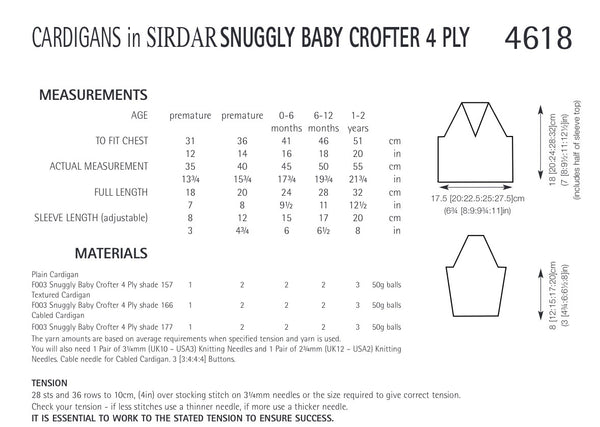 Sirdar Snuggly Baby Crofter 4ply Cardigans Knitting Pattern 4618