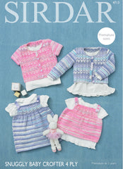 Sirdar Snuggly Baby Crofter 4ply Girls Cardigan, Dress & Angel Top Knitting Pattern 4713