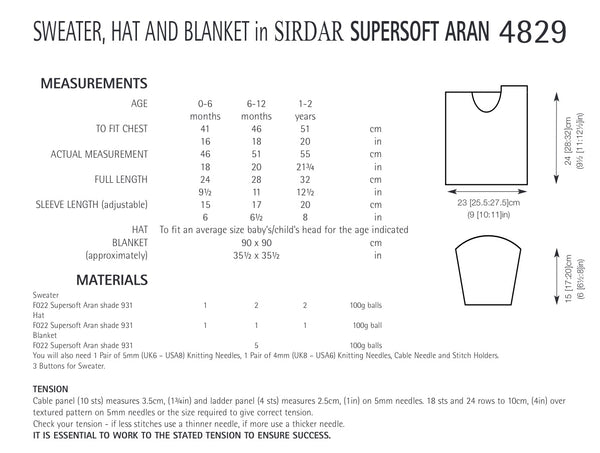 Sirdar Supersoft Aran Sweater and Blanket Knitting Pattern 4829