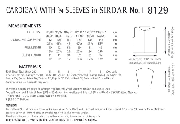 Sirdar No1 Double Knit Three Quarter Sleeve Cardigan 8129