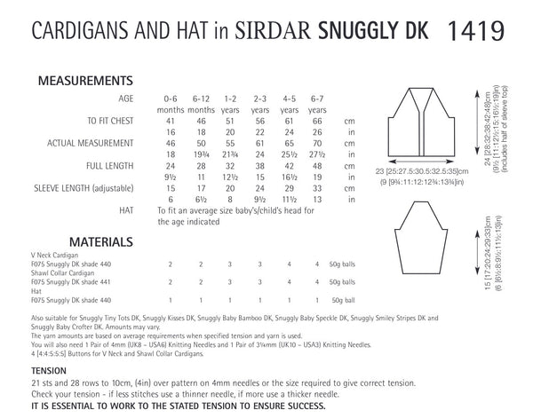 Sirdar Snuggly Double Knit Cardigan & Hat Knitting Pattern 1419