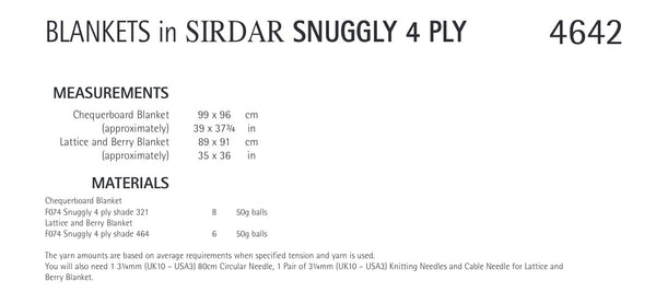 Sirdar Snuggly 4ply Knitted Blankets Pattern 4642