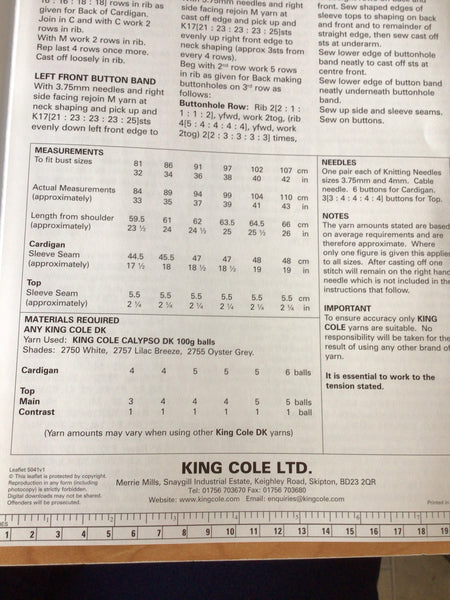 King Cole Calypso Double Knit Ladies Round Neck Cardigan & Top Pattern 5041