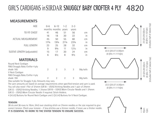 Sirdar Snuggly Baby Crofter 4ply Girls Cardigan Knitting Pattern 4820