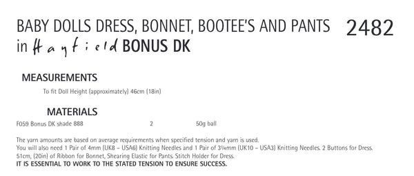 Hayfield Bonus D/K Dolls Dress & Bonnet Knitting Pattern 2482