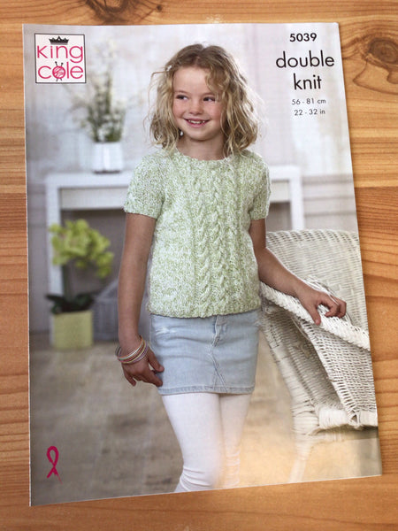 King Cole Calypso Double Knit Girls Short Sleeve Top Knitting Pattern 5039