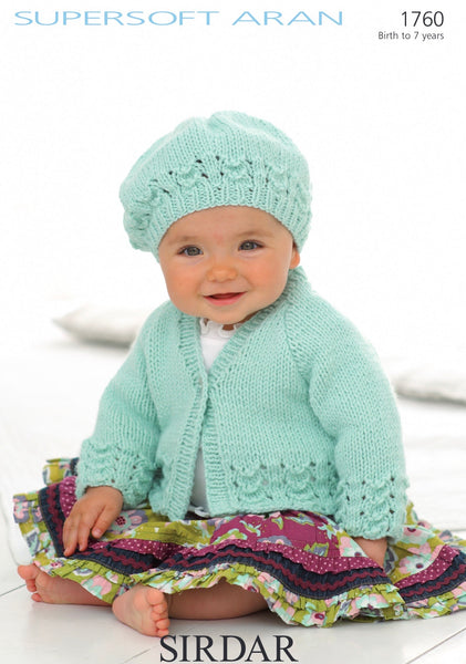 Sirdar Supersoft Aran Cardigan and Beret Knitting Pattern 1760