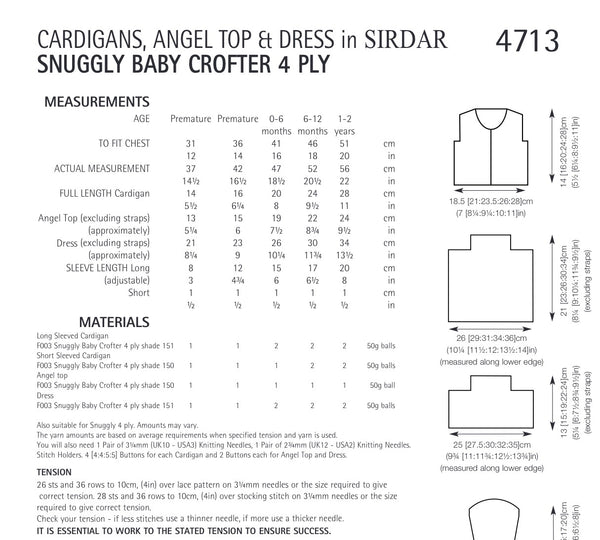 Sirdar Snuggly Baby Crofter 4ply Girls Cardigan, Dress & Angel Top Knitting Pattern 4713