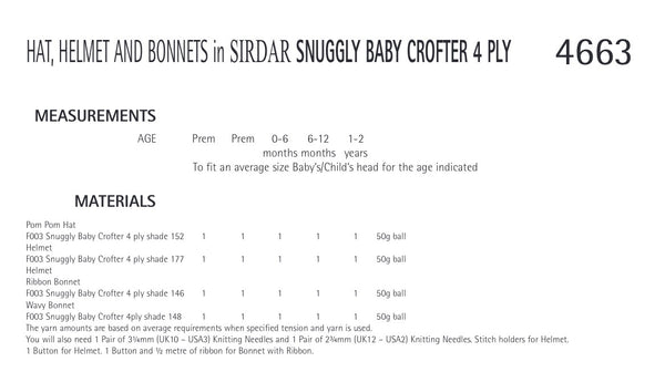 Sirdar Snuggly Baby Crofter 4ply Knitted Hats Pattern 4663