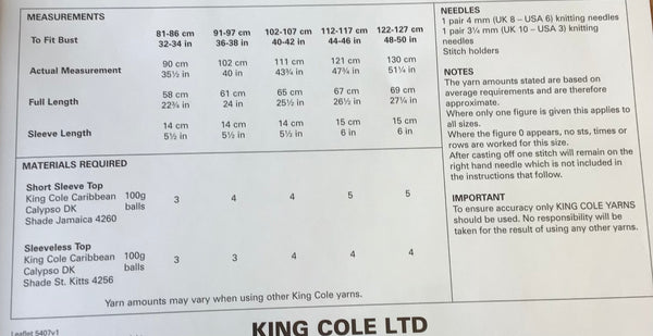 King Cole Calypso Double Knit Ladies Summer Top Knitting Pattern 5407