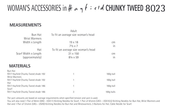 Hayfield Chunky Tweed Ladies Accessories Knitting Pattern 8023