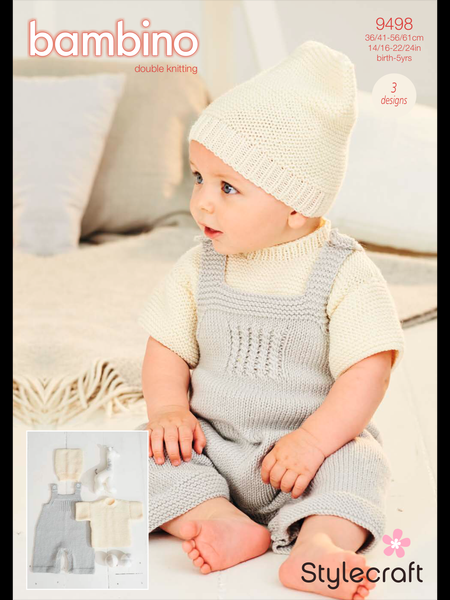 Stylecraft Bambino D/K T Shirt, Dungarees and Hat Knitting Pattern 9498
