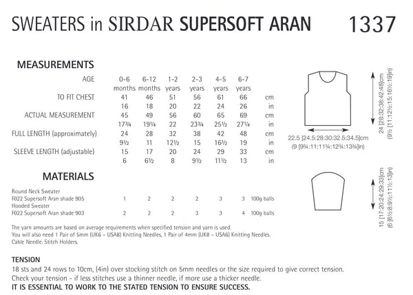 Sirdar Supersoft Aran Cable Sweater Knitting Pattern 1337