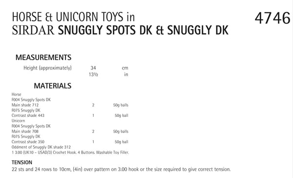 Sirdar Snuggly Spots D/K Crochet Horse and Unicorn Toy Pattern 4746