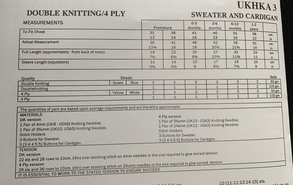 UKHKA 3 Baby Double Knit & 4ply Easy Knit Cardigan Pattern