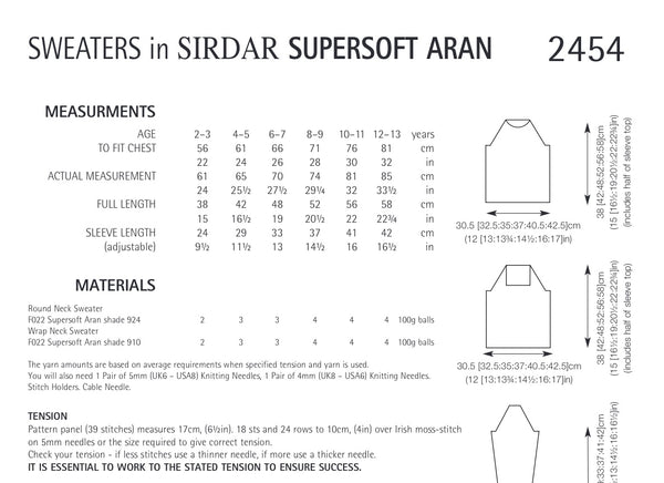 Sirdar Supersoft Aran Boys Sweaters Knitting Pattern Sizes 2-13yrs 2454