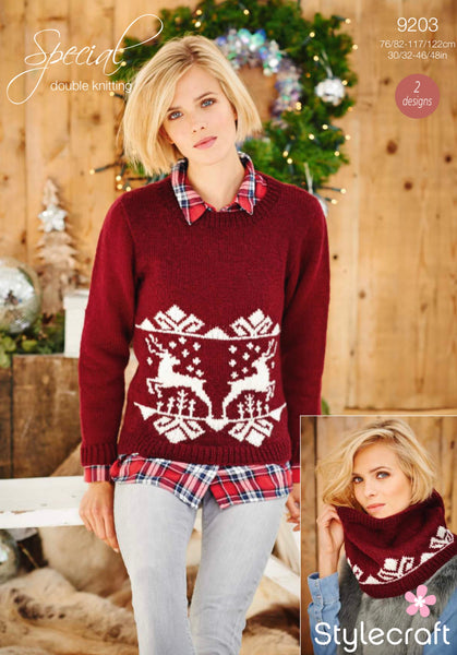 Stylecraft Ladies Double Knit Christmas Sweater Knitting Pattern 9203 knot just wool