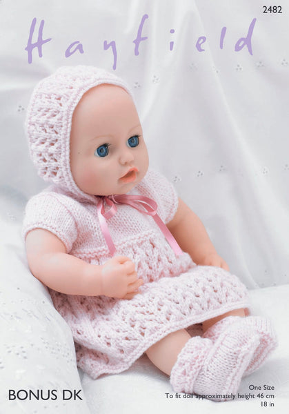 Hayfield Bonus D/K Dolls Dress & Bonnet Knitting Pattern 2482