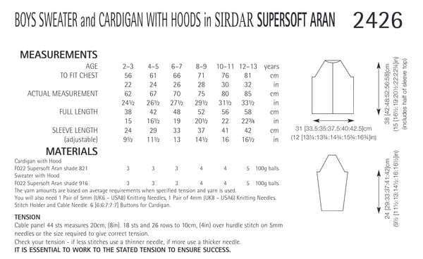 Sirdar Supersoft Aran Boys Sweater & Jacket with Hoods Knitting Pattern Sizes 2-13yrs 2426