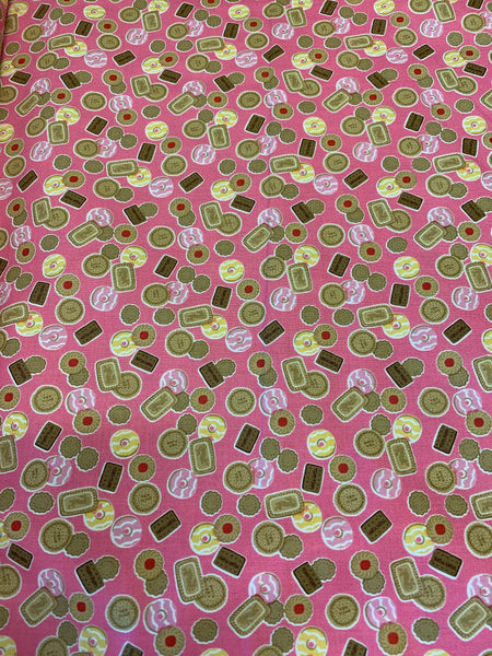 Tea Party Biscuits on Pink 100% Cotton Fabric