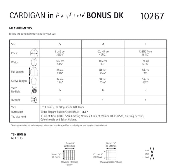 Hayfield Bonus D/K Ladies Cardigan Knitting Pattern 10267