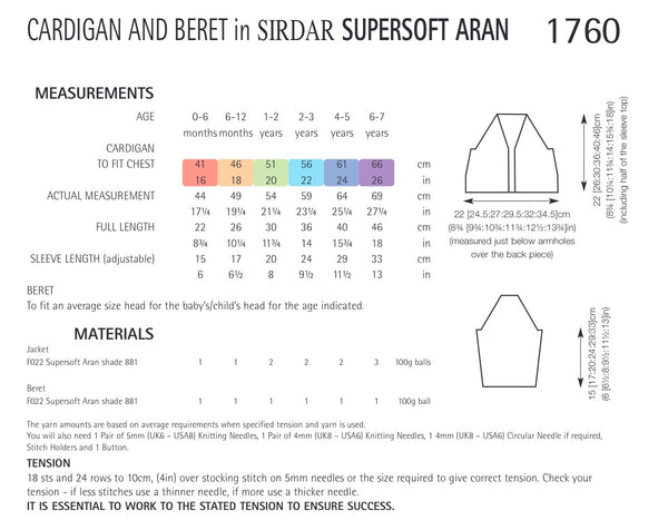 Sirdar Supersoft Aran Cardigan and Beret Knitting Pattern 1760