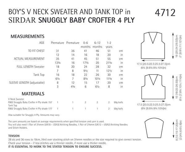 Sirdar Snuggly Baby Crofter 4ply V Neck Sweater and Tank Top Knitting Pattern 4712