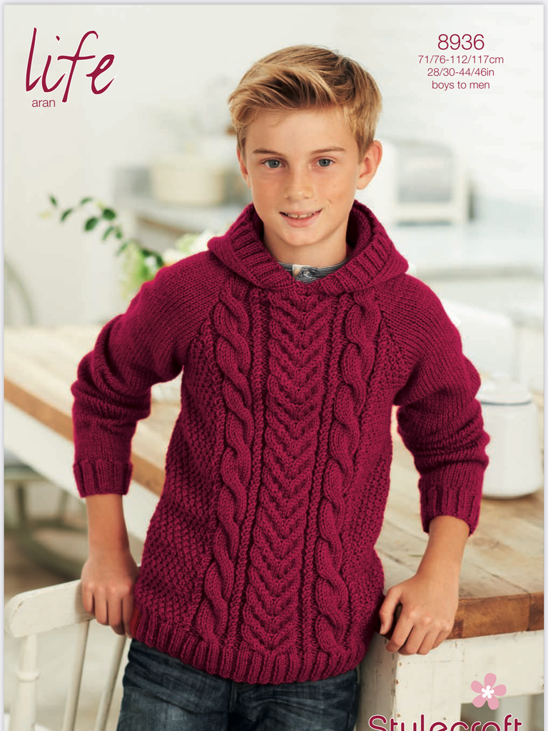 Stylecraft Life Aran Mens Boys Hooded Sweater Knitting Pattern
