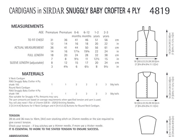 Sirdar Snuggly Baby Crofter 4ply Cardigan Knitting Pattern 4819