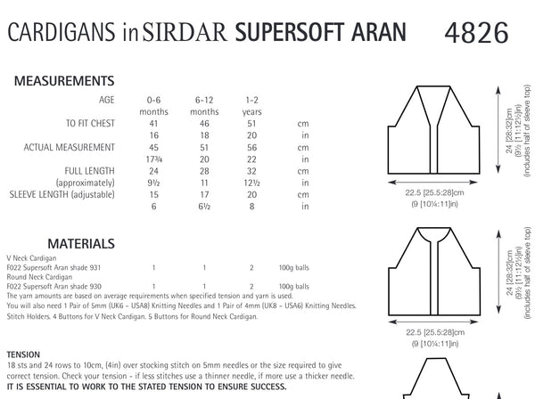Sirdar Supersoft Aran Simple Cardigans Knitting Pattern 4826