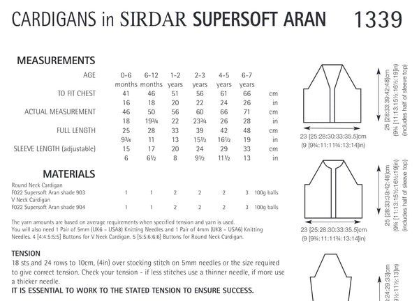 Sirdar Supersoft Aran Plain Cardigan Knitting Pattern 1339