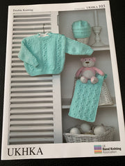 Baby Double Knitting Cable Sweater, Hat & Scarf Knitting Pattern UKHKA103