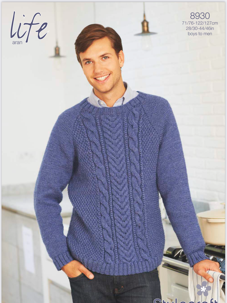 Stylecraft Life Aran Men's Boys Cable Sweater Knitting Pattern