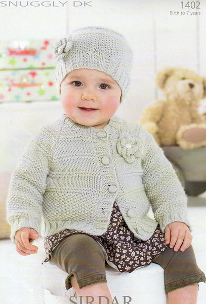 Sirdar Snuggly Double Knit Cardigan and Hat Knitting Pattern 1402